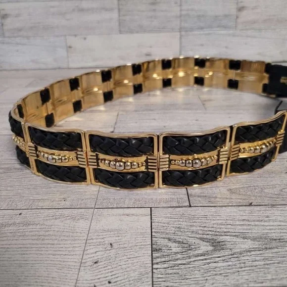 Women's Vintage Cpativa Western Black Leather Chunky Golden Rodeo Belt Size M 32 - Picture 3 of 5